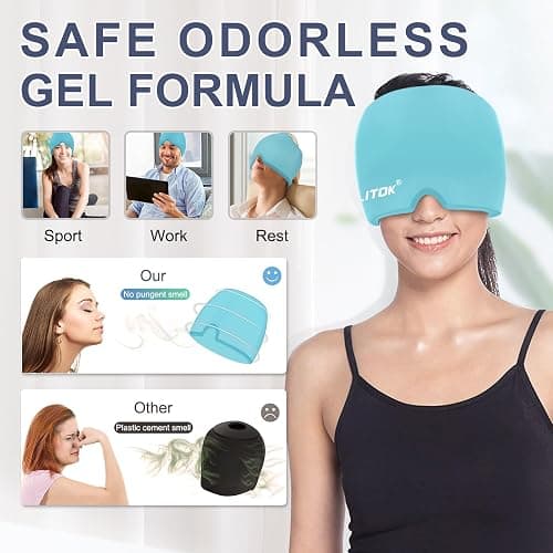 EXQUISLIFE Migraine Headache Relief Cap, Gel Ice Head Wrap, Hot and Cold Therapy, Headache Eyes Mask for Sinus, Puffy Eyes, Tension and Stress Relief (Blue) thumbnail 3