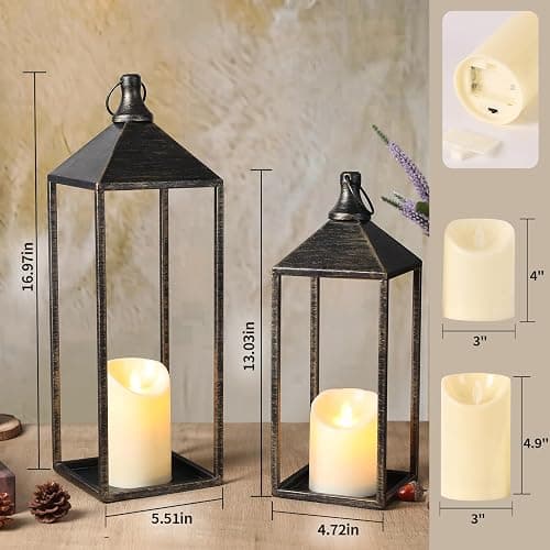17" 13" Vintage Farmhouse Decorative Lanterns Indoor Outdoor with Candles | Set of 2 Lanterns Decorative Outdoor Indoor for Covered Porch Patio Fireplace Mantel, Floor, Fall, Festival, No Glass thumbnail 3