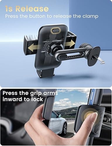 Holdersafe 2026 Car Phone Holder [Never Blocking Vent] with Wide Clamp | 6.5cm Long Arm Keeps AC/Heat Airflow Clear, Thick Case Friendly, Fits iPhone 17 16 15 14 13 Pro Max & Samsung Android （Black） thumbnail 5