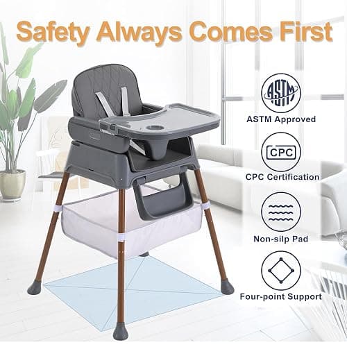 Hrusitoo 3 in 1 Convertible Baby High Chair – Adjustable Infant Feeding Chair for Babies & Toddlers, Modern Compact Baby Dining Chair with Removable Tray & Safety Harness, Gray Ink thumbnail 4