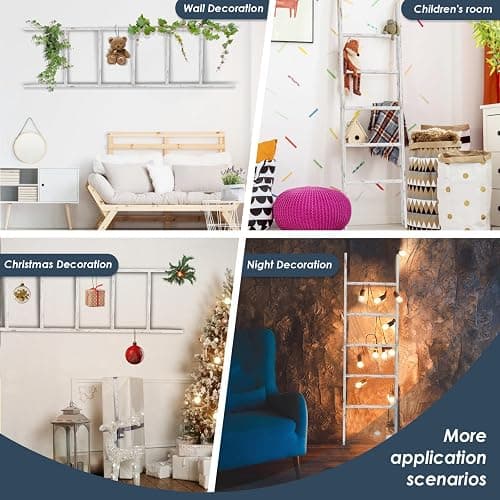 Delywh 5-Tier Blanket Ladder Wooden, 5.3FT(63'') Blanket Quilt Holder Rack Decorative Ladder, Easy Assembly, Rustic Farmhouse Ladder Shelf for The Living Room Bedroom Bathroom Home Decor, White Wash thumbnail 3