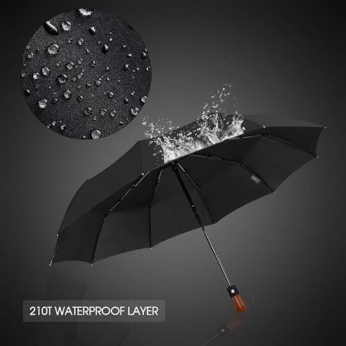 MIKAFEN Umbrella Windproof With Wood Handle - Travel and Automatic, Umbrella Compact for Men and Woman - with 10 Ribs Fiberglass and Compact Rain Protect（Black） thumbnail 4