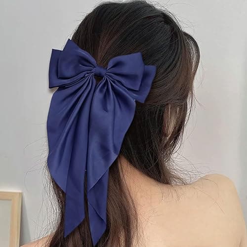 Bow Hair Clip, Hair Bows for Women Big Bowknot Hairpin French Hair Clips with Long Ribbon Solid Color Barrette Clips for Women Girls(Black+navy blue) thumbnail 4