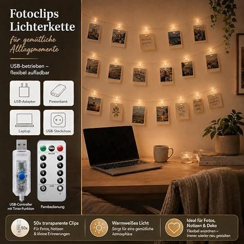 Microwear 33Ft Photo Clip String Lights,USB or Battery Powered,8 Modes 100 LED 10M Hanging String Fairy Lights with Remote,Decoration for Bedroom Christmas Wedding Décor thumbnail 6