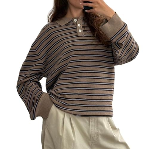 Oversized Striped Sweater for Women Collared Long Sleeve Preppy Polo Sweater Vintage Aesthetic Knitted Rugby Shirts - Image 1