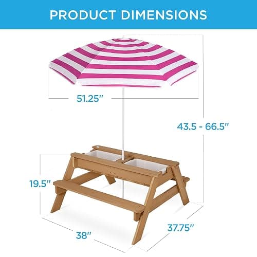 Best Choice Products Kids 3-in-1 Sand & Water Table, Wood Outdoor Convertible Picnic Table w/Umbrella, 2 Trays, Removable Top, 220lb Capacity Per Bench - Natural/Dark Pink - Natural/Dark Pink thumbnail 3