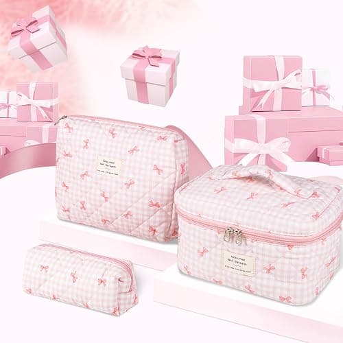 Anfly Makeup Bag, Quilted Cosmetic Bags, Large Floral Make Up Bag, Cute Makeup Bag 3PC Set for Women Girls (Pink) thumbnail 7