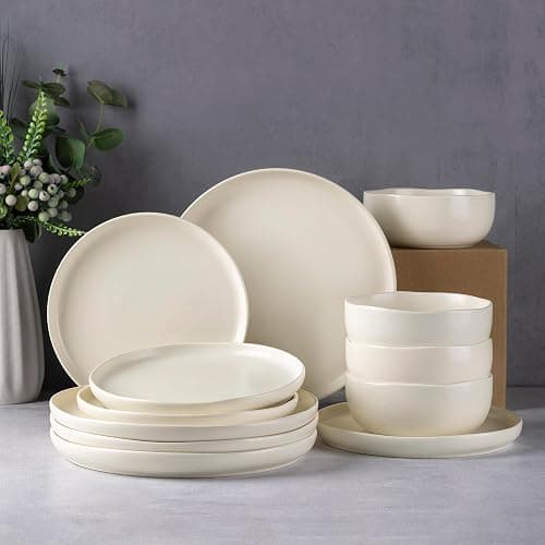 AmorArc Stoneware Dinnerware Sets, Wavy Rim Ceramic Plates and Bowls Sets, Highly Chip and Crack Resistant | Dishwasher & Microwave & Oven Safe Dishes set, Service for 4 (12pc) thumbnail 8