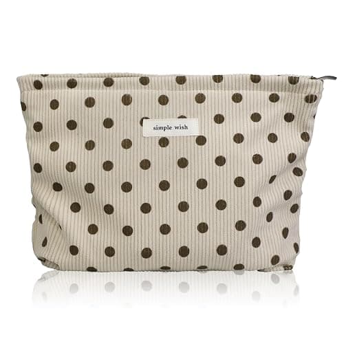 Wudygirl Makeup Bag Makeup Pouch for Women Corduroy Cosmetic Bag Portable Travel Toiletry Bag Large Capacity Make up Organizer with Zipper（Beige Polka Dot） - Image 1