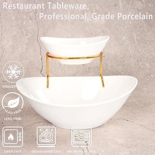 LIUYWYHCF Tierd Serving Oval Bowl Set, Oval 2 Tier Chip and Dip Bowls with Stand, for Nuts, Salsas, Food Tray, Ceramic Appetizer Serving Display Stand for Parties, Entertaining thumbnail 4