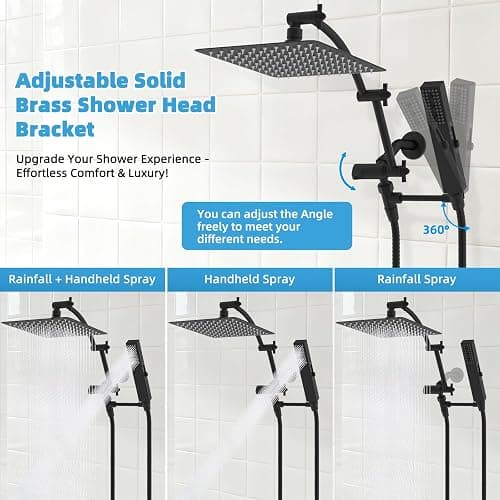 Hibbent All Metal CUPC Certified 10'' Rainfall Shower Head, Dual Shower Head Combo, High Pressure Handheld 4 Sprays Shower Wand, 16'' Adjustable Extension Arm, 71'' Hose, Shower Holder, Matte Black thumbnail 8
