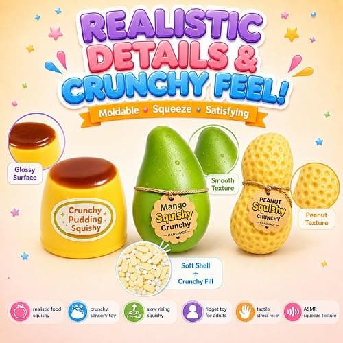 3 Crunchy Squishy Pack,Squishy Fidget Toys Adults,Slow Rising Squishy Toys | Crunchy Peanut Squishy Stress Balls for Adults,Crunchy Peanut Squishy&Crunchy Mango Squishy&Pudding Squishy Kit thumbnail 4