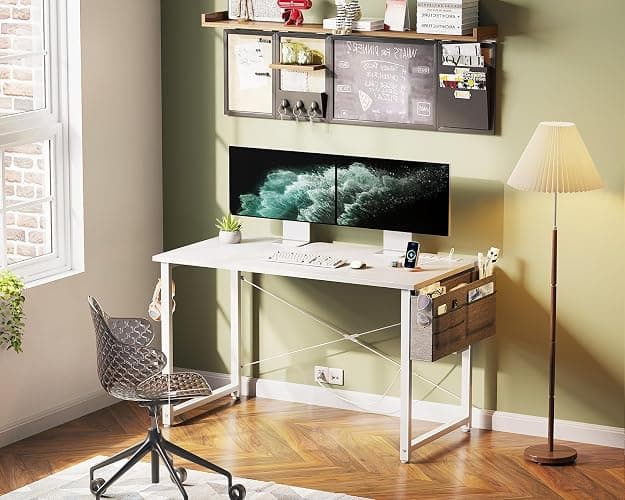 KKL Small Desk with Power Outlets and USB Port Computer Desk for Home Office Gaming Simple Modern Style Writing Desks with Storage Bag Headphone Hook, 40 inch, White - White - 40 inch thumbnail 2