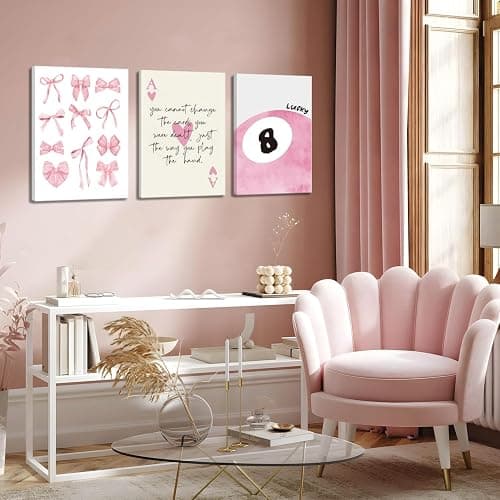 Trendy Pink Bows Canvas Wall Art Set of 3, Vintage Preppy Lucky 8 Ball Wall Decor, Pink Girly Room Aesthetic Posters Prints Painting for College Apartment Living Room Bedroom Framed 12x16 In thumbnail 2