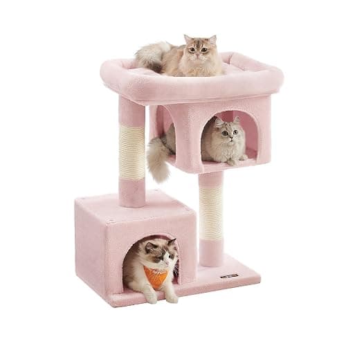 Feandrea Cat Tree, 33.1-Inch Cat Tower, Plush Condo for Large Cats up to 16 lb, Large Perch, 2 Caves, Scratching Post, Jelly Pink UPCT061P01 - Image 1