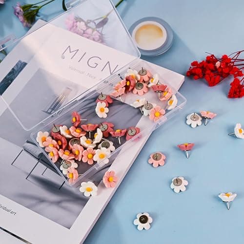 50 Cute Flower Push Pins for Corkboard & Bulletin Board - Decorative Floret Thumb Tacks for Office, Photo & Poster Wall thumbnail 5
