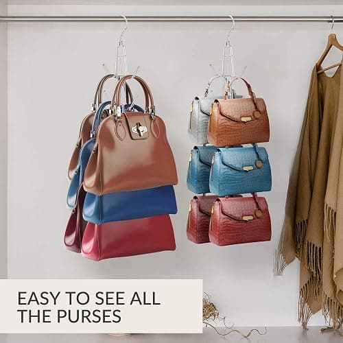 ZEDODIER Purse Organizer for Closet, 3 Pack Rotatable Sturdy Purse Hanger Bag Rack with 18 Hooks, Space Saving Handbag Backpack Holder, Closet Organizers and Storage, Silver - Silver - 3 Pack thumbnail 2