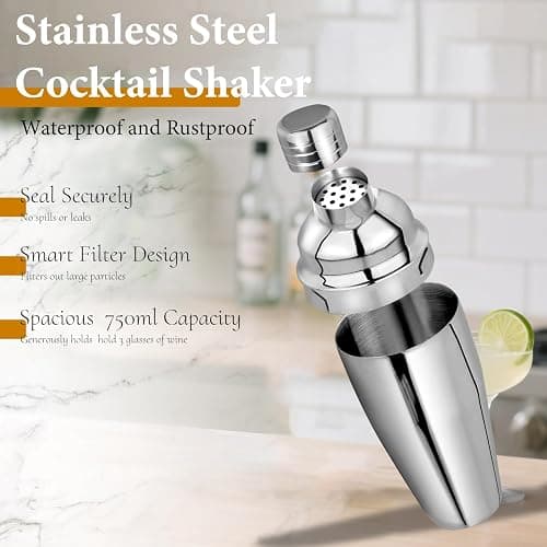 25oz Cocktail Shaker Set, Martini Shaker Set with Built in Strainer, Double Sided Jigger and Mixing Spoon Stainless Steel Mixed Drink Shaker thumbnail 4