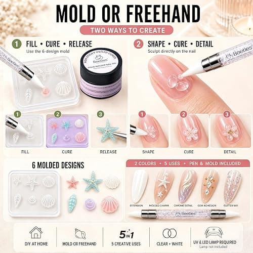 Beetles 3D Gel Nail Art, 2 Pcs Clear & White with Sculpting Pen and 3D Mold | 5 in 1 Non-Sticky Hand Sculpting Building, Beginner Friendly DIY UV Nails at Home,Sandy Glow thumbnail 3