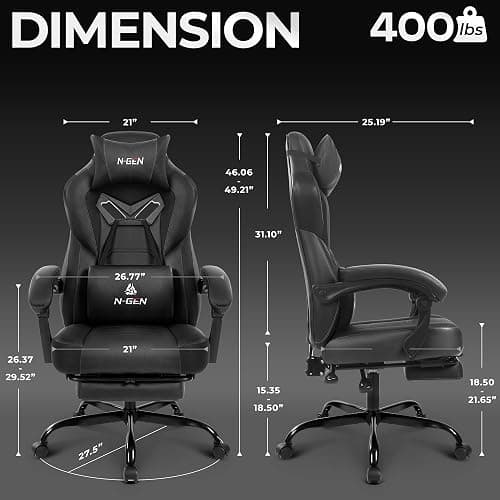 N-GEN GAMING Gaming Chair Big and Tall Computer Heavy Duty Office Desk Chair with Footrest Ergonomic Lumbar Support High Back Recliner for Adults (Dark Black) thumbnail 3