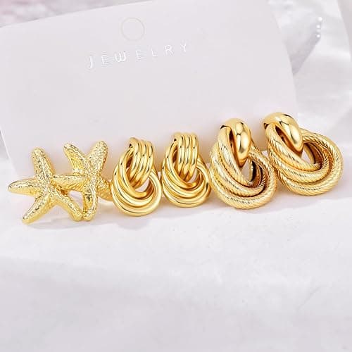 AIDSOTOU 6 Pairs Chunky Gold Earrings For Women Trendy Statement Gold Plated Flower Shell knot Dangle Earrings Lightweight Hypoallergenic Fashion Jewelry Set thumbnail 6