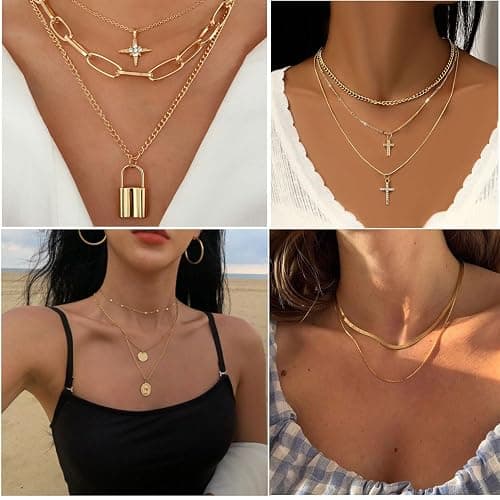 73 Pcs Gold Jewelry Set with 6Pcs Layered Necklace, 11 Pcs anklet and 7Pcs Earring Ear Cuff,12Hoop Earrings ,15pcs Rings,21pcs stud earrings Jewerly set for Women Pack for Friendship Party Gift thumbnail 3