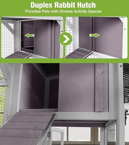 GUTINNEEN Duplex Rabbit Hutch Indoor with Chew-Proof Frame & 2 Leak-Proof Sliding Trays, Rain Cover, Wooden Guinea Pig Cages with Wheels - Grey thumbnail 5