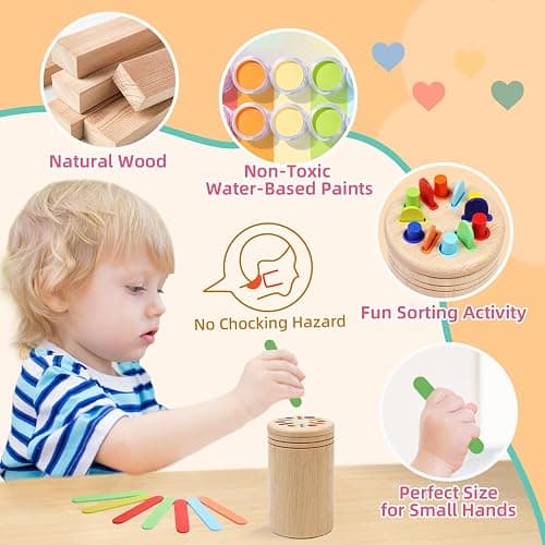 MTTIERY Montessori Wooden Color Sorting Toys for 18 Month Old,Preschool Learning Activities Educational Fine Motor Matching Game,Birthday Gifts for Boys Girls - Ice Cream Stick thumbnail 5