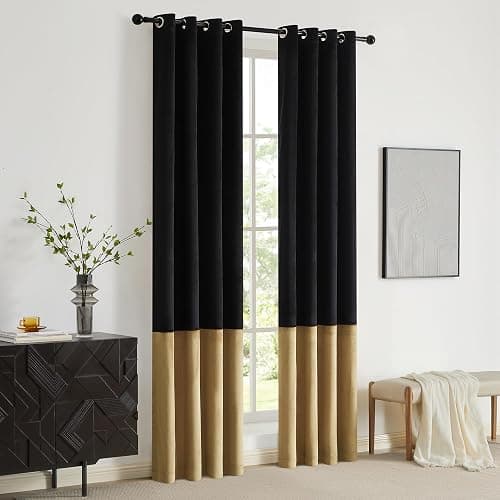 BULBUL Black Gold Color Block Window Curtains Panels 84 inches Long Velvet Farmhouse Drapes for Bedroom Living Room Darkening Treatment with Grommet Set of Black Gold thumbnail 7