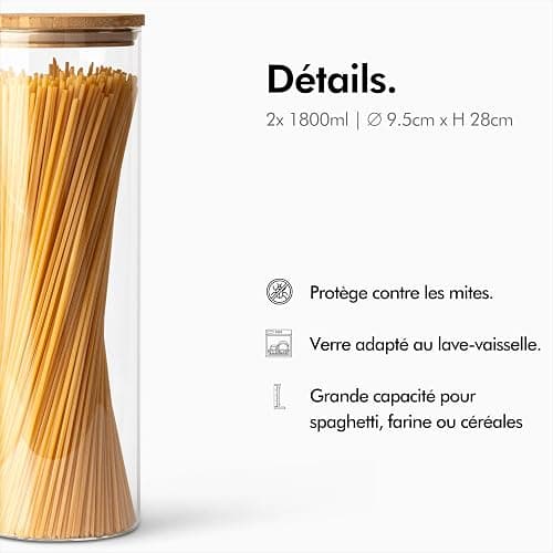KIVY Set Bocaux en Verre Hermétique [2 x 1800 ml] - Bocaux verre avec Couvercles en Bambou Durable - Bocal en verre avec Couvercle - Bocal a spaghetti - Bocaux conservation verre - Bocal verre thumbnail 5