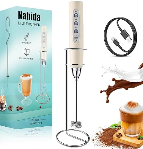 Nahida Beige Milk Frother Wand for Coffee,Handheld Rechargeable Electric Whisk with Stand - Image 1