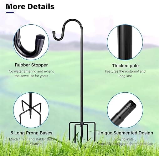 Shepherd Hooks for Outdoor, ToyHotels 1 Pack 78 Inch Bird Feeder Pole with 5 Prongs Base for Hanging Lantern, Hummingbird Feeder, Lightweight Plant, Shepherds Hook for Bird Feeders for Outside - 1 - 78 Inch thumbnail 4