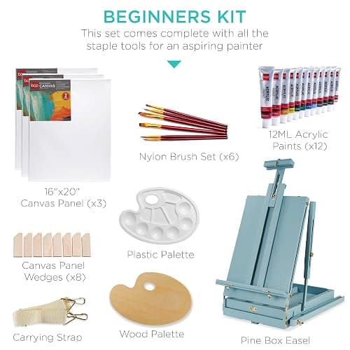 Best Choice Products French Easel, 32pc Beginners Kit Portable Wooden Folding Adjustable Sketch Box Artist Tripod for Painting, Drawing w/Acrylic Paints, Brushes, Canvases, Palettes - Blue thumbnail 2