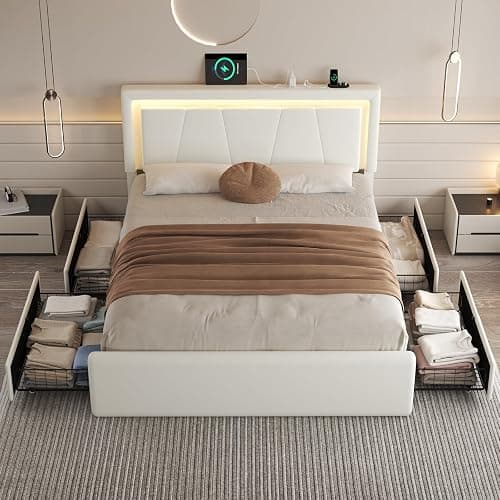 Full Size Bed Frame with 4 Storage Drawers, Upholstered Headboard, White | Modern Bed, Charging Station, LED Light, Adjustable Height Headboard, Noise-Free, No Box Spring Needed, Easy Assembly thumbnail 2