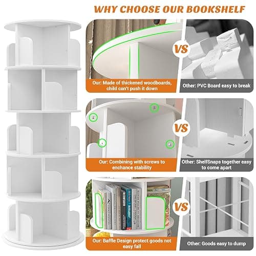 Aheaplus Rotating Bookshelf, 360 Display Wood Spinning Bookshelf Tower, 5 Tier Floor Standing Bookcase Storage Rack, Revolving Bookcase Corner Bookshelfs for Small Space, Bedroom, Study Room, White thumbnail 6
