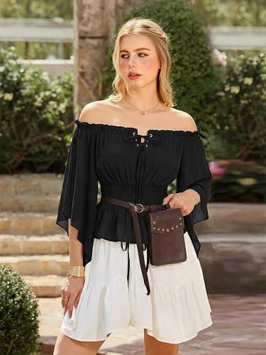 Scarlet Darkness Women Renaissance Shirt Off Shoulder Bell Sleeve Tops | Smocked Waist, Comfortable Chiffon, Elastic Neckline, for Ren Faire, Peasant, Pirate, Halloween Costume thumbnail 2