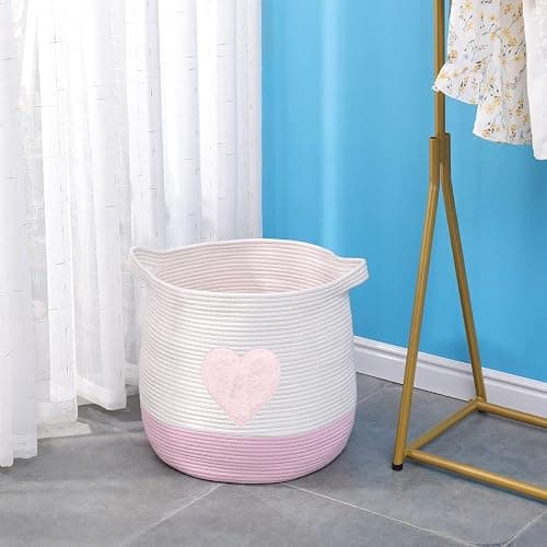 childishness ndup Large Cotton Rope Basket, Woven Storage Basket for Toy, Laundry and Blanket Organizer Basket, Round Hamper Basket with Handles for Kid's Room 17.7"x16.9" (Pink Heart) thumbnail 5