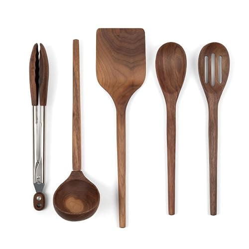 Salt & York 5-piece Walnut Wooden Kitchen Utensil Set - Includes Turner, Tongs, Slotted Spoon, Ladle, and 12" Spoon - Best Wooden Spoons for Cooking - Ideal for Nonstick Cookware - Image 1