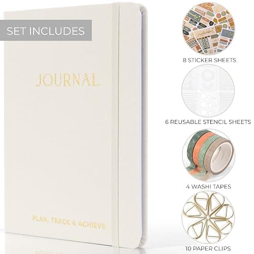 ZICOTO Ultimate All-in-One Journaling Kit - Incl. Journal Notebook With Linen Hardcover and Dotted Pages, Stencils, Stickers, Washi Tapes, Paper Clips and More Bullet Checklist Supplies thumbnail 4