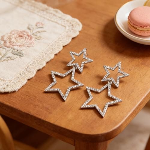 Ymimanchil Star Earrings for Women Silver Star Earrings Dangle Rhinestone Star Stud Earrings Rhinestone Big Star Dangle Earrings thumbnail 7
