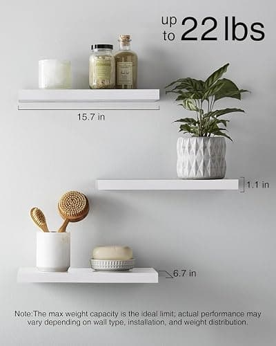 BAYKA White Floating Shelves 15.7in, Set of 3, Wall Mounted for Wall Decor | Easy Install, 22lbs Max Load, Hidden Bracket, Shelving for Bathroom Bedroom Kitchen Display Storage, Multi-Wall Compatible thumbnail 5