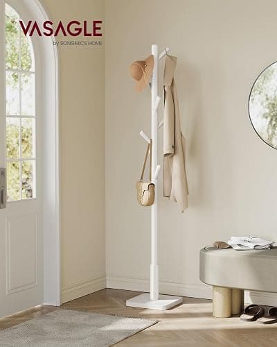 VASAGLE Coat Rack, Wooden Clothes Rack, Freestanding Stand with 8 Hooks, 3 Heights, for Coats, Hats, Bags, Entrance Porch, Hallway, in Rubber Wood, Cloud White RCR010W02 thumbnail 2