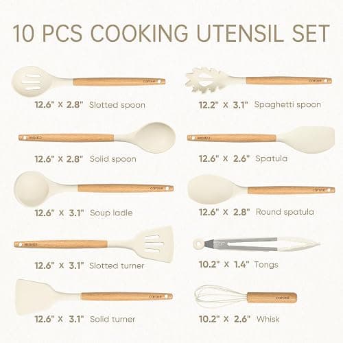 CAROTE Silicone Cooking Utensils Set, Kitchen Utensils Set 10 Pcs for cooking, BPA Free Spatula Set with Heat Resistant Wood Handles for Nonstick Cookware (Cream White) thumbnail 3