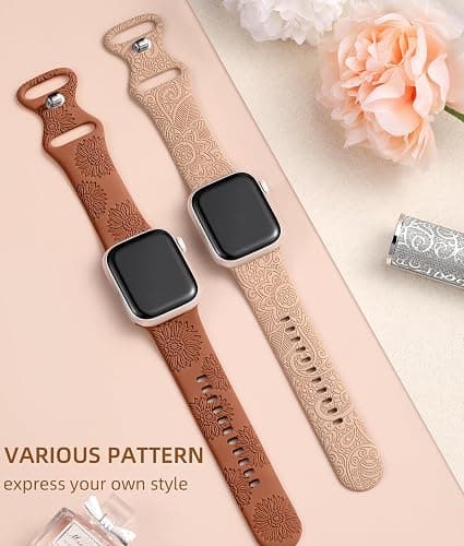 2PC Cute Floral Engraved Band Compatible with Apple Watch Bands Women | Soft Silicone Sport Strap for iWatch Bands 42mm 40mm 38mm 41mm 44mm 45mm 46mm 49mm Series 11 10 9 8 7 6 5 4-1 SE Ultra 1/2/3 thumbnail 2