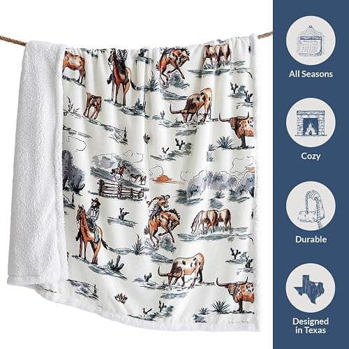 Indigo Hill by HiEnd Accents Ranch Life 3 Piece Sherpa Throw Blanket Set, Cowboy Cow Longhorn Horse Cowgirl Print Fleece Throw Set, Western Rustic Style, 1 Throw and 2 Pillows thumbnail 7