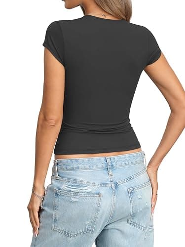 Eachyes Womens Square Neck Cap Sleeve Tops Sexy Low Cut Short Sleeve Shirts Basic Slim Fit Tee Cute Summer Clothes 2026 thumbnail 6