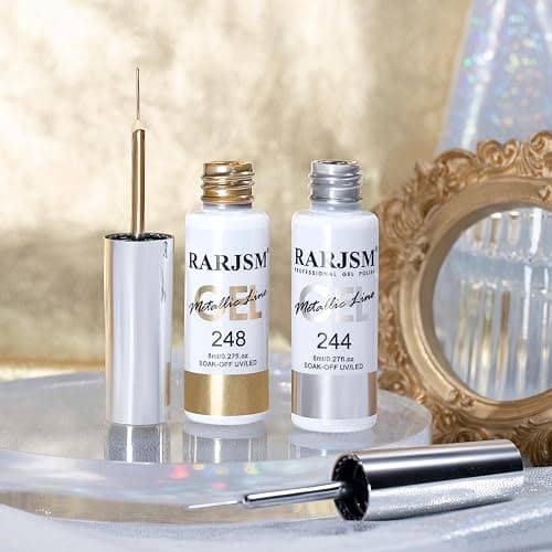 RARJSM Metallic Gel Liner Nail Art Silver Bronze Gold 2pcs Set Mirror Chrome 3D Effect Gel Nail Polish 8ml Build in Thin Brush Metal Painted Drawing Stripper Gelpolish Curing Requires for Home Salon thumbnail 4
