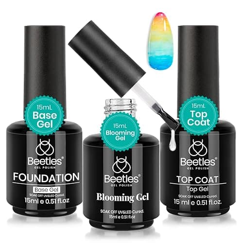 Beetles Blooming Gel & Base Top Coat Set, 3PCS 15ML Shine Finish Long Lasting No Wipe Top Coat Gel Nail Polish Base Spreading Marble Effect Soak off UV LED Nail Art Gifts for Women - Image 1