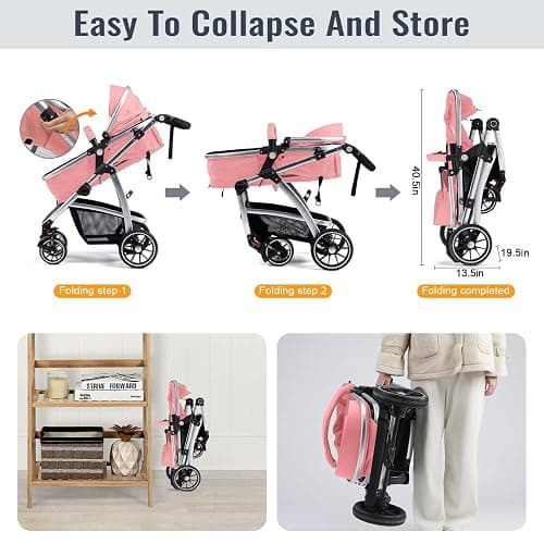 Hagaday Baby Stroller, 2-in-1 Reversible Toddler Seat with Bassinet Mode, Foldable Infant Stroller with Canopy, One Button Brake, Adjustable Handle, Newborn Pushchair(Pink) thumbnail 8