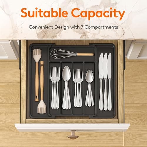 Lifewit Expandable Silverware Organizer, Plastic Utensil Tray for Kitchen Drawer, BPA Free Flatware Cutlery Holder, Space-Saving Storage for Spoons Forks Knives, 8.5-14 x 12 x 1.5 inch, Black thumbnail 3
